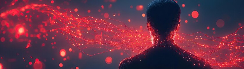 Poster - An abstract representation of connectivity and technology, featuring a figure surrounded by luminous red particles and light trails.