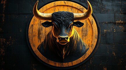 Canvas Print - Golden Bull Head Sculpture on Black Wall