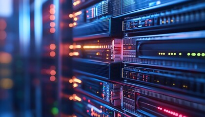 Poster - Server Rack with Illuminated Indicators and Data Processing Lights