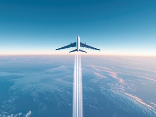 Airplane flying high in the sky with contrails, beautiful view of clouds and blue sky. Perfect for travel, aviation, and adventure concepts.