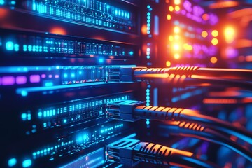 Poster - Server Rack with Network Cables and Glowing Lights