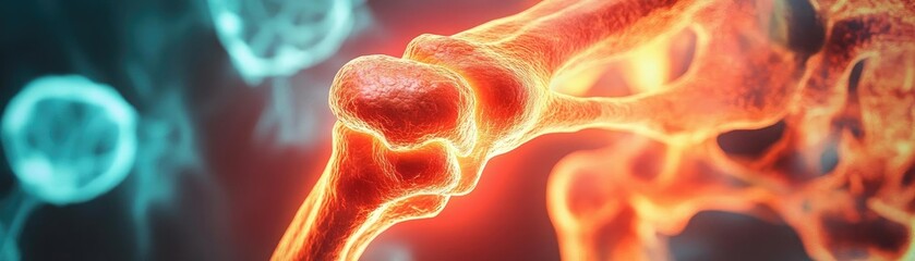 Poster - Detailed 3D illustration of a human knee joint highlighting inflammation and surrounding cells for medical visualization.