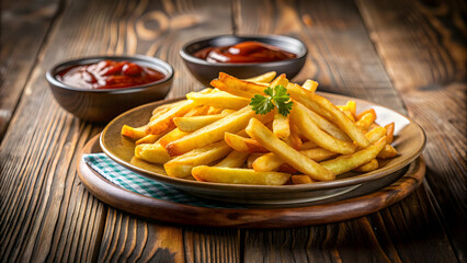 Classic French fries with a crispy, golden-brown finish, fries in plate with sauce on background, french fries, golden-brown