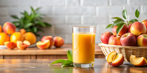 Wall Mural - Peach juice and fresh peaches displayed on kitchen countertop , ripe, fruit, healthy, organic, drink, glass, tabletop