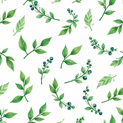 Wall Mural - Green Leafy Plant Pattern with Blue Berries