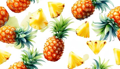 Tropical Watercolor Fruit Pattern Featuring Pineapples on a Clean White Background