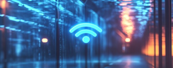 Poster - neon wifi symbol in modern data center corridor with glowing lights, digital network concept
