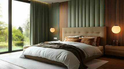 Canvas Print - A modern bedroom with a king-size bed, plush bedding, and a large window overlooking a lush garden.