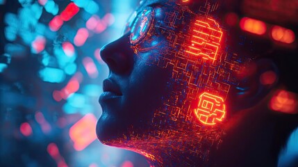 Poster - A futuristic portrait of a person with glowing digital patterns on their face, representing technology and innovation.