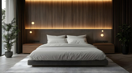 Canvas Print - A modern bedroom with a king-size bed, wooden paneling, and warm lighting.