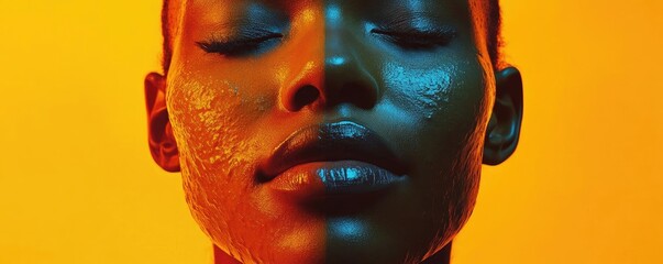 Poster - A vibrant portrait featuring a model with artistic makeup, showcasing contrasting colors and textures on the face.