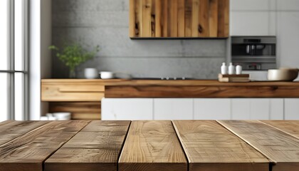 Wall Mural - rustic wooden table texture with a blend of white and concrete background in a kitchen setting