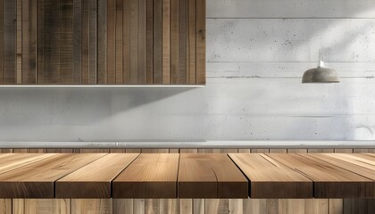 Wall Mural - rustic wooden table texture with a blend of white and concrete background in a kitchen setting