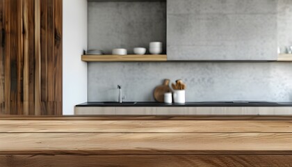 Wall Mural - rustic wooden table texture with a blend of white and concrete background in a kitchen setting