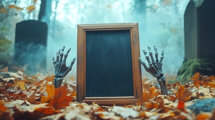 A spooky graveyard scene featuring a chalkboard frame with skeletal hands emerging from colorful autumn leaves.