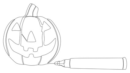 One continuous line of Jack O' Lantern drawn by with felt tip pen. Thin Line Halloween pumpkin Illustration vector concept. Contour Drawing Creative ideas.