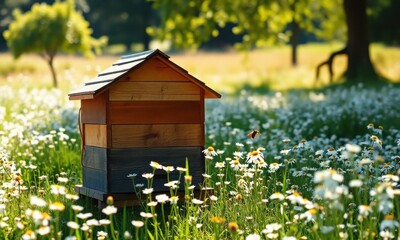 A serene summer scene with a wooden beehive surrounded by white wildflowers in a sunlit field, with trees in the soft-focus background