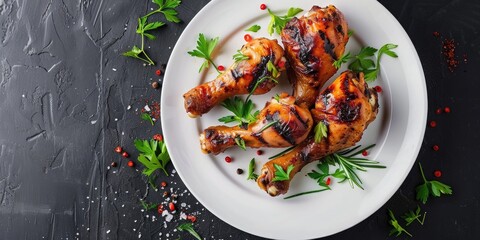 Canvas Print - Aerial perspective of a grilled chicken leg on a plate.