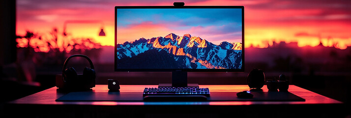 Poster - Wide gaming console table image with colorful neon busy room background and a game player in front of the pc computer screens with headphones and accessories around
