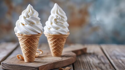 Two vanilla ice cream cones with swirls arranged on a wooden board