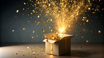 Golden confetti exploding out of a gift box , celebration, surprise, joy, festive, party, decoration, shiny, sparkly, shiny