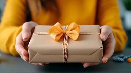 Hands gently hold a wrapped present with a yellow bow, ready to share a thoughtful gift.