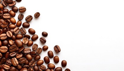 roasted coffee beans textured highlighting the rich textures and colors. Ground into a powder for fresh brewed cup of morning caffeinated coffee. Isolated on white background with copy space