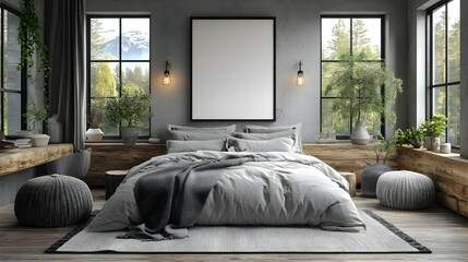 Wall Mural - A modern bedroom with a large blank canvas above the bed, wooden floors, and windows overlooking a forest.