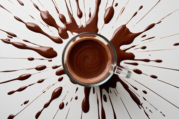 Hot Chocolate Drips and Stains on a Bright Backdrop: Premium Quality Imagery of Cozy Beverage Spill