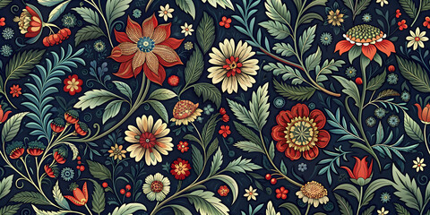 intricate vintage floral pattern with dark blue, red, and green leaves and flowers on a dark backgro