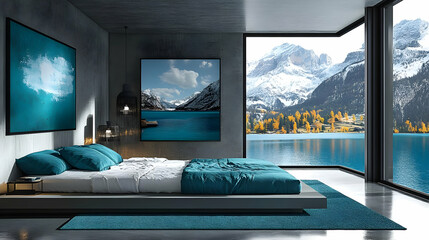 Canvas Print - A modern bedroom with a large window overlooking a lake and mountains.