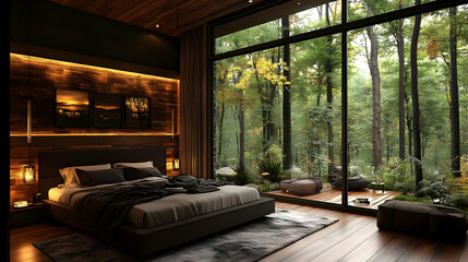 Wall Mural - A modern bedroom with a large window overlooking a lush forest. The room features a king-size bed, wooden floors, and a cozy sitting area outside the window.