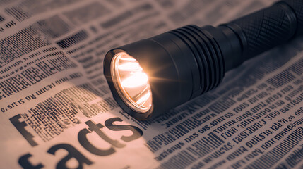 Shining a Light on the Truth:  A Black Flashlight on a Newspaper with the Word 