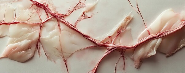Poster - Artistic representation of anatomical tissue featuring intricate blood vessels and connective structures on a neutral background.
