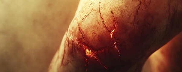Poster - Close-up of a wound revealing glowing tissue beneath the skin, highlighting the contrast of injury and beauty in human anatomy.