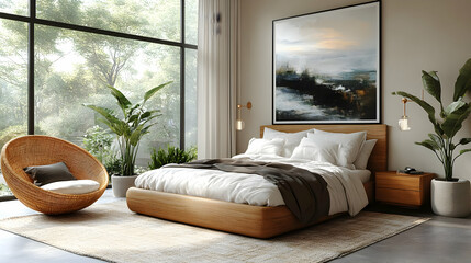 Poster - A modern bedroom with a large window, a comfortable bed, and a rattan chair.