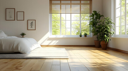 Wall Mural - A modern bedroom with a large window, a white bed, and a rug on the wooden floor. Sunlight streams in through the window, illuminating the room.