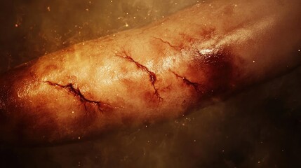 Poster - Detailed close-up of a textured, wounded surface with cracks, showcasing the intricacies of injury and healing.