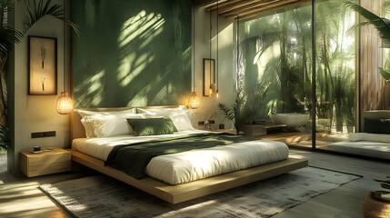 Wall Mural - A modern bedroom with a platform bed, green walls, and large windows overlooking a lush tropical garden.