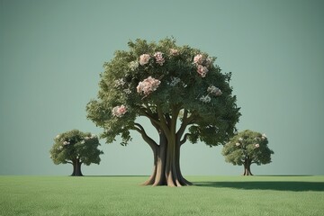 3D Rendering of Oak Trees Surrounded by Ornamental Flora on a Clear Background