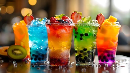 Wall Mural - Vibrantly colored bubble tea in transparent cups adorned with juicy fruit and cornstarch bubble jelly