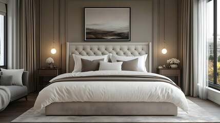 Wall Mural - A modern bedroom with a tufted headboard, a large window, and a soft rug.