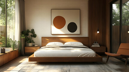 Canvas Print - A modern bedroom with a wooden bed, a large window, and a minimalist art piece above the bed.