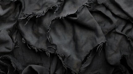 Poster - Textured black fabric with frayed edges, showcasing a pattern of folds and softness, ideal for backgrounds and textile design.