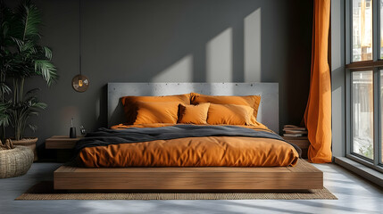 Canvas Print - A modern bedroom with a wooden platform bed, orange bedding, and a large window.