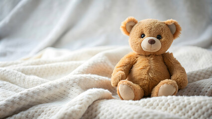 Teddy bear sitting on a soft blanket , plush, toy, childhood, comfort, cozy, adorable, cute, snuggle, fluffy