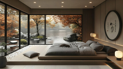 Sticker - A modern Japanese bedroom with a large window overlooking a serene autumnal landscape.