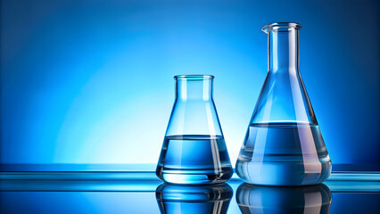 Water in beaker and flask glass on blue science laboratory background, chemistry, science, laboratory, beaker, flask