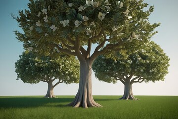 3D Rendered Oak Trees with Ornamental Plants on a Clear Background