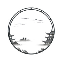 Wall Mural - png stroke outline chinese temple frame circle architecture tranquility.